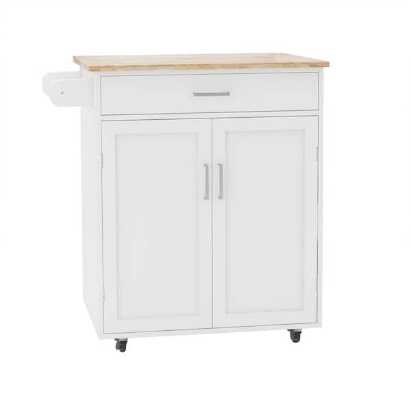 White Rubber Wood Top 32.68 in. W Kitchen Island with Adjustable Shelves and Towel Rack