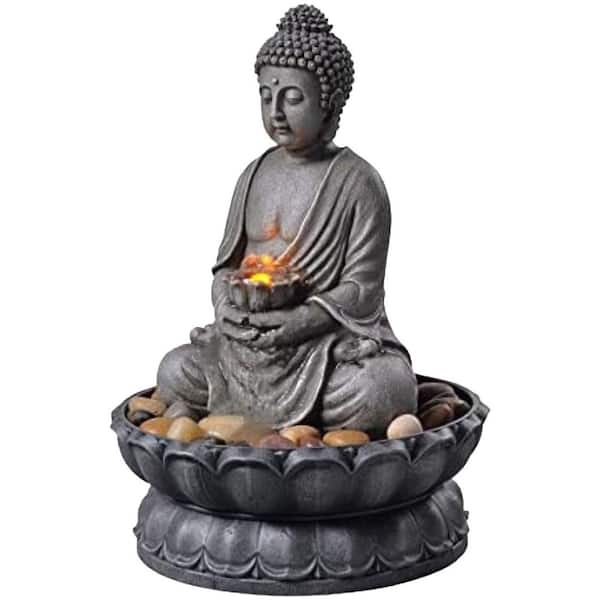 Tall Indoor Tabletop Buddha Fountain with Reflective Lighting and Cobblestones, Yellow Urn