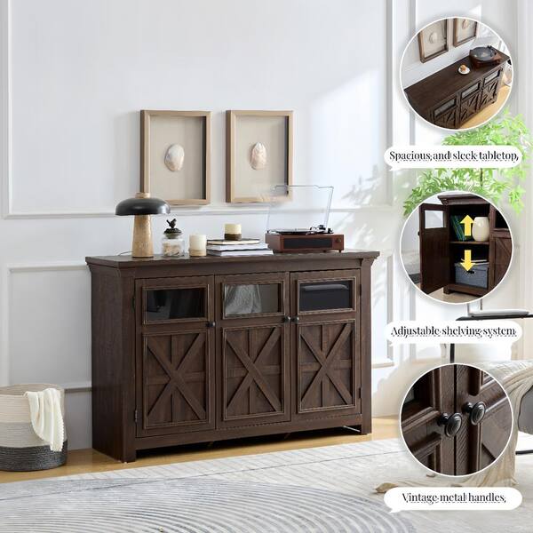 FUNKOL 53 in. x 15.35 in. x 35 in. Espresso Vintage MDF Storage Cabinet with 3-Doors