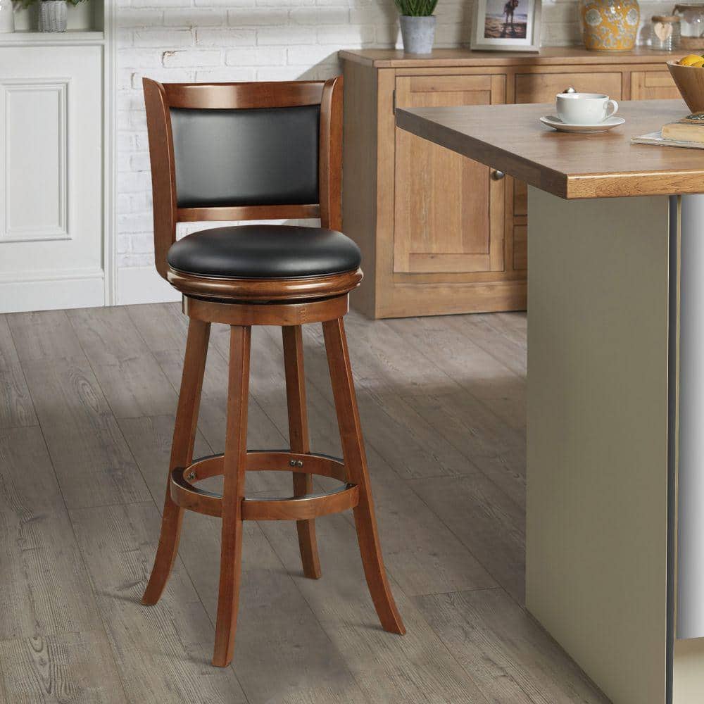 Cherry Brown Extra Tall Swivel Bar Stool with Black Faux Leather