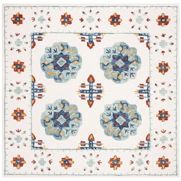 Blossom 6 ft. x 6 ft. Blue/Ivory Geometric Floral Border Square Area Rug