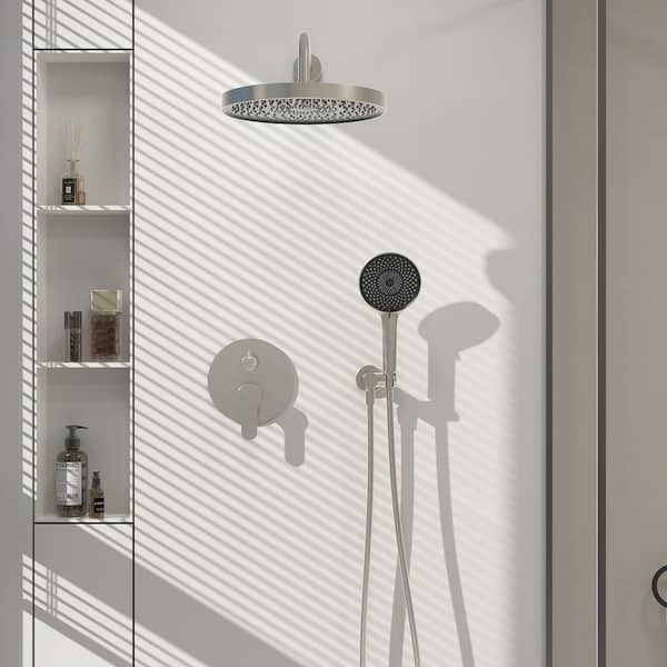 Roun Single-Handle 3-Spray 10 in. Rain Shower Head Round High Pressure Shower Faucet in Brushed Nickel (Valve Included)