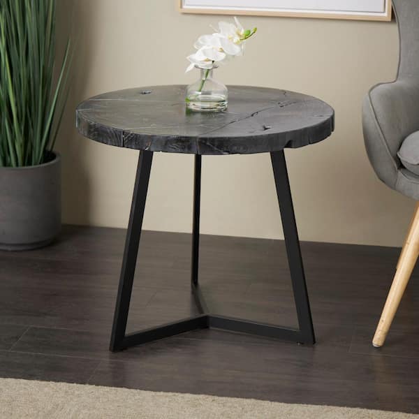 Litton Lane 22 in. x 24 in. Black Handmade Live Edge Round Teak Wood Coffee Table with Black Metal Base