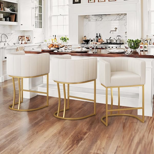 LUE BONA Siska 26 in.Modern Beige Fabric Upholstered Counter Stool with Gold Metal Frame Barrel Counter Bar Stool Set of 3