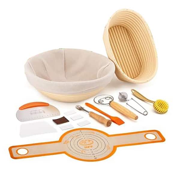 Sourdough Bread Baking Kit, 10-Inch Round & 9-Inch Oval Proofing Baskets with Linen Liner, Danish Whisk, Dough Scraper