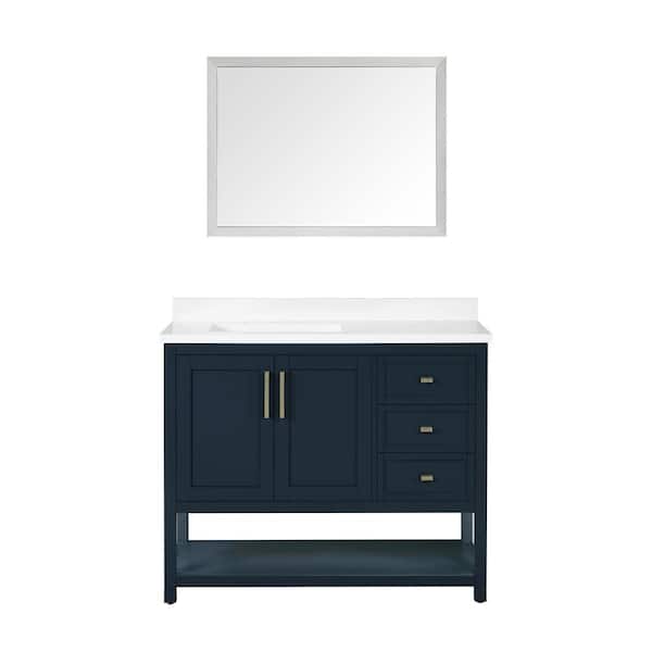 OVE Decors Stanley 42 in. W x 22 in. D x 34 in. H Bath Vanity in Midnight Blue with White Engineered Stone Top and BN Mirror