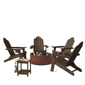 Coffee Brown Folding Outdoor Plastic Adirondack Chair with Cup Holder Weather Resistant Patio Fire Pit Chair Set of 4