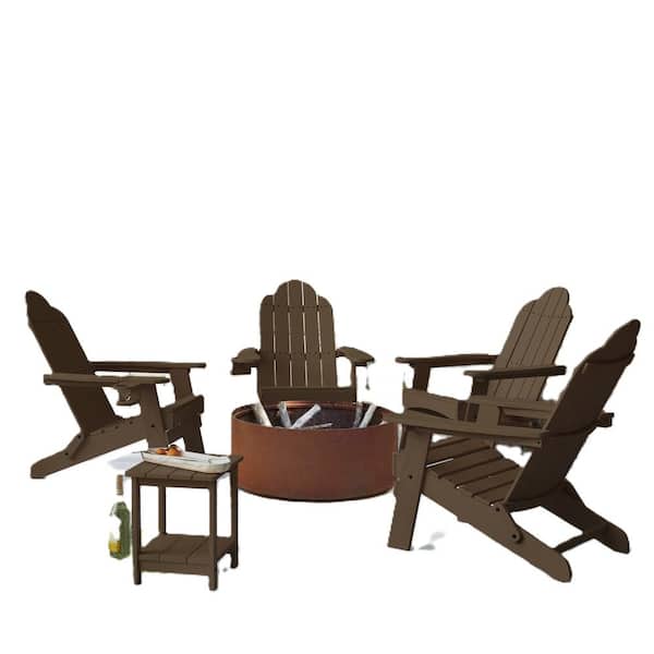 LUE BONA Coffee Brown Folding Outdoor Plastic Adirondack Chair with Cup Holder Weather Resistant Patio Fire Pit Chair Set of 4