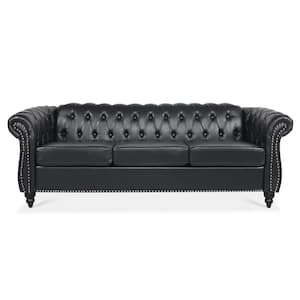 Chesterfield 84.65 in. W Rolled Arm PU Straight 3-Seat Sofa with Pocket Springs in Black
