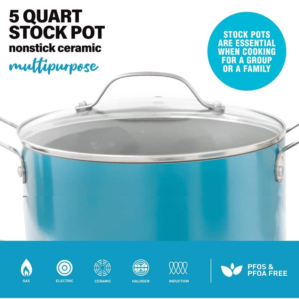 Aqua Blue Aluminum 5 QT Nonstick Stock Pot with Glass Lid