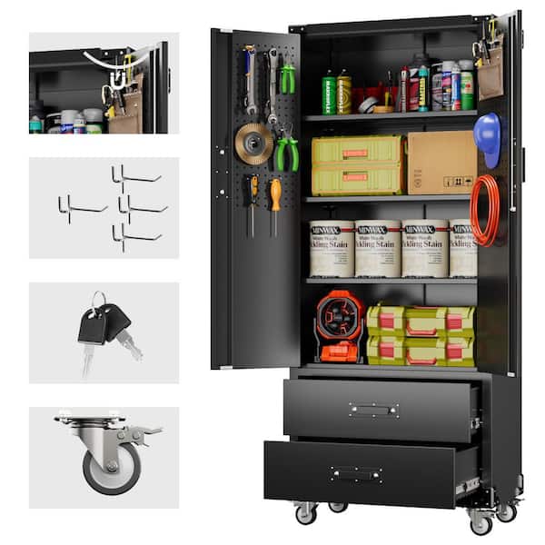 31.5 in. W x 72 in. H x 16.5 in. D Lockable Metal Garage Storage Freestanding Cabinet with Shelves and Drawers in Black