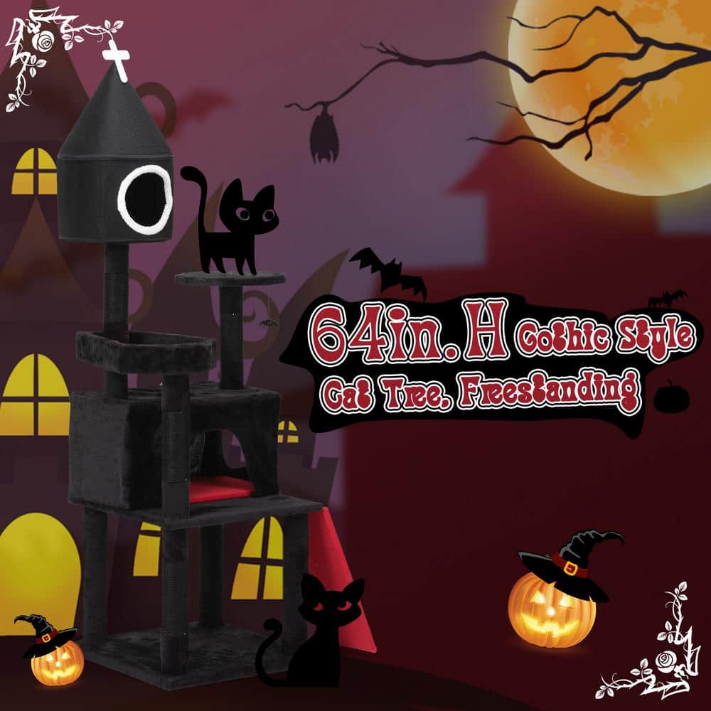 64-Inch Gothic Black and Red Cat Tree Tower with Sisal Scratching Post