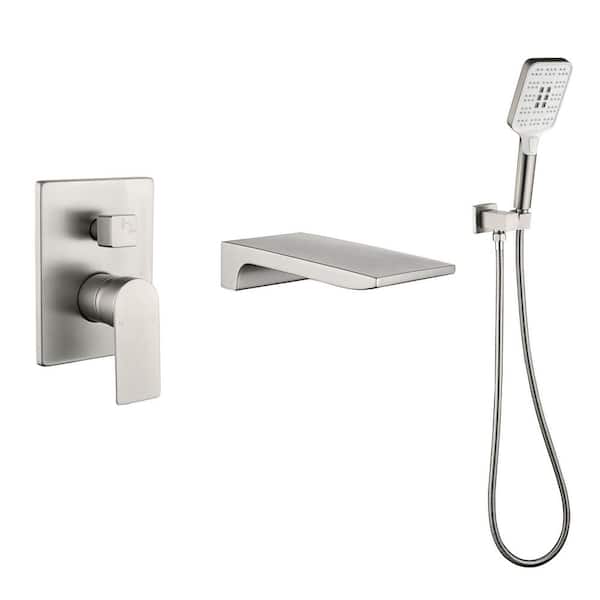 Single-Handle Wall-Mount Roman Tub Faucet with Hand Shower Brass 3 Hole Waterfall Bathtub Faucets in Brushed Nickel