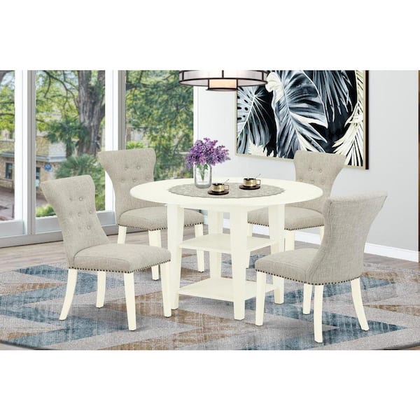 East West Furniture 5-Piece Linen White Finish Solid Wood Top - Round Dining Room Set with Leaf - Seats 4