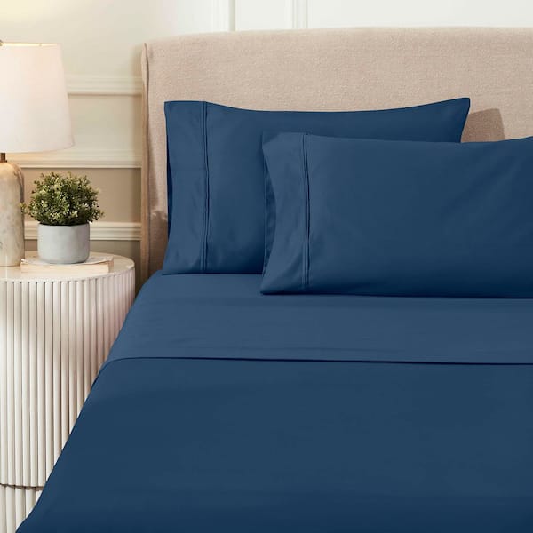 1200 Thread Count 4-Piece Navy Blue Solid Egyptian Cotton Deep Pocket Queen Sheet Set