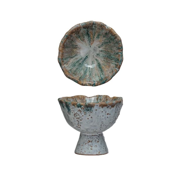 Storied Home 4.3 in. 6.8 fl. oz. Green and Brown Stoneware Footed Serving Bowl
