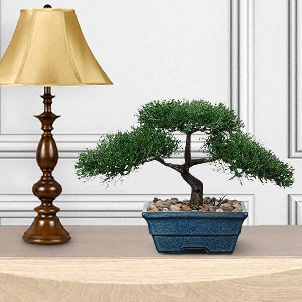0.8 ft. Artificial Pine Bonsai Tree in Blue Ceramic Pot WK0732