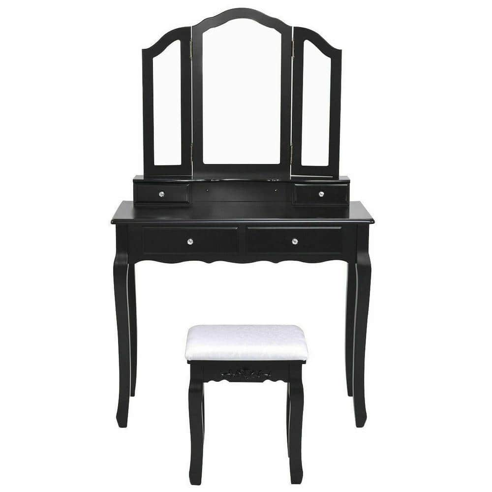 4-Drawer Black Tri Folding Mirror Vanity Makeup Table Stool Set -  Costway, GHM0142BK