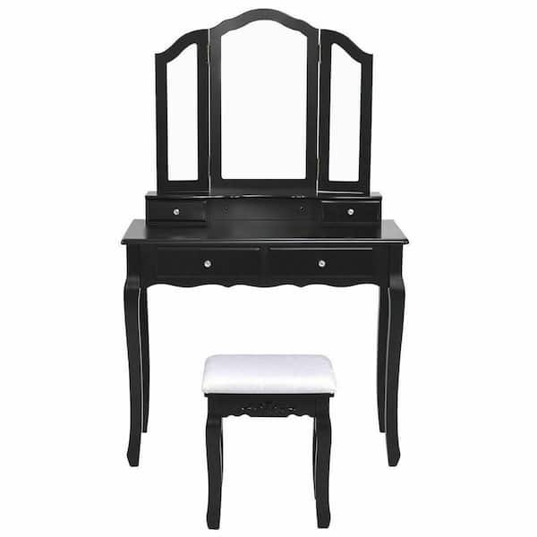 Costway 4-Drawer Black Tri Folding Mirror Vanity Makeup Table Stool Set