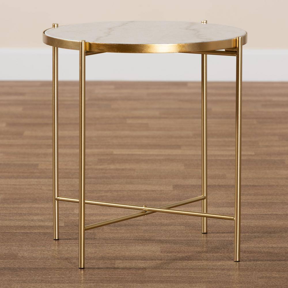 Maddock 19.3" Round White Marble and Gold Metal End Table