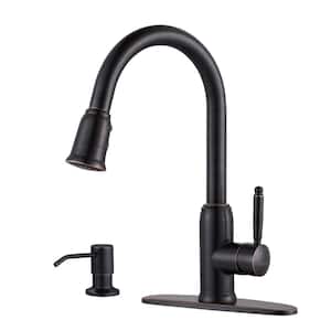 Elegant Stainless Steel Single Handle Pull Down Sprayer Kitchen Faucet with Soap Dispenser in Oil Rubbed Bronze