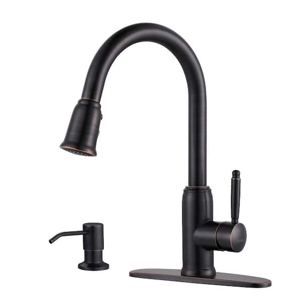 WOWOW Elegant Stainless Steel Single Handle Pull Down Sprayer Kitchen Faucet with Soap Dispenser in Oil Rubbed Bronze
