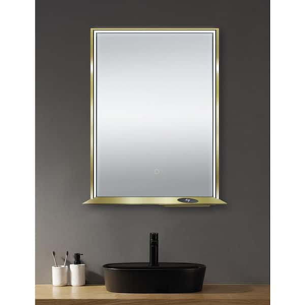 Dreamwerks 24 in. W x 32 in. H Rectangular Aluminum Framed LED Bluetooth Wall Mount Bathroom Vanity Mirror in Matte Gold