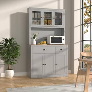 Gray Kitchen Pantry Cabinet Storage with Adjustable Shelves, Buffet Cupboard and Microwave Stand