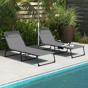 Gray Metal Outdoor Chaise Lounge with 5-level Reclining Back, 2-Piece Folding Lounge Tanning Chair with Padded Seat