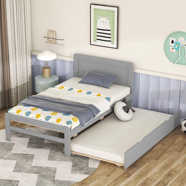 Gray Wood Frame Twin Size Platform Bed with Trundle