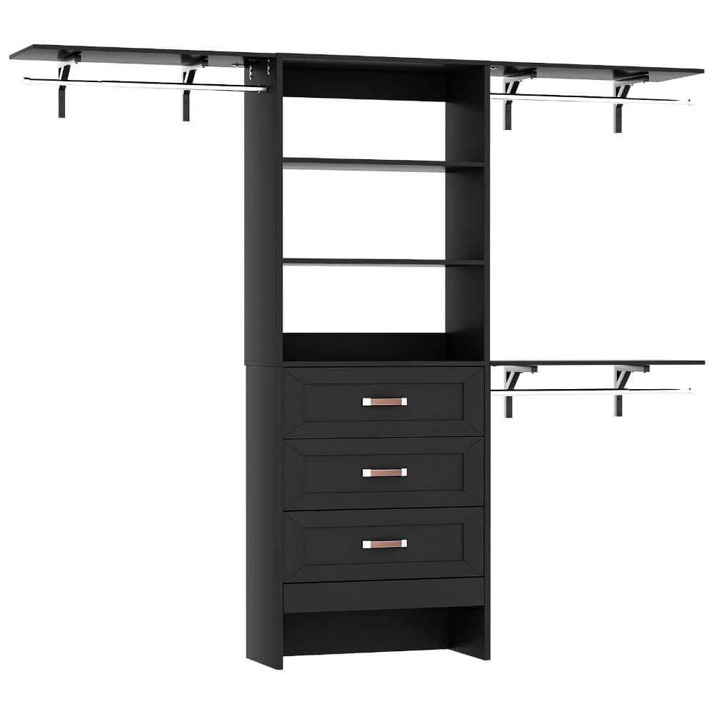 58 in. W - 96 in. W Black Reach-In Tower Wall Mount 7-Shelf Wood Closet System With 3 Curved Drawers 3 Hanging Rods
