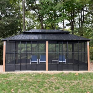 12ft.x20ft. Sunroom Hardtop Gazebo Solarium Galvanized Steel Double Roof Aluminum Screen House Patio Deck Backyard Brown