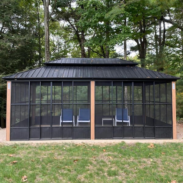 12ft. x 20ft. Sunroom Hardtop Gazebo Solarium Galvanized Steel Double Roof Aluminum PC Mesh Screen House Backyard Brown