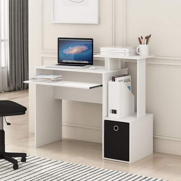 ECON 39.4 in. Rectangle Plain White/Black Wood Desk with Side Shelves