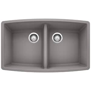 Performa Undermount Granite 33 in. x 20 in. 50/50 Double Bowl Kitchen Sink in Metallic Gray