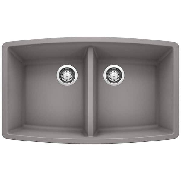 Blanco Performa Undermount Granite 33 in. x 20 in. 50/50 Double Bowl Kitchen Sink in Metallic Gray
