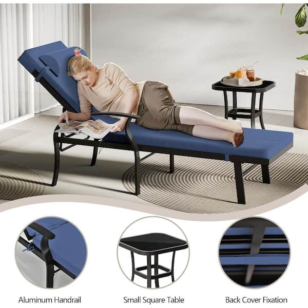3-Piece Aluminum Outdoor Chaise Lounge with Glass Table, Armrest and Cushion Navy Blue