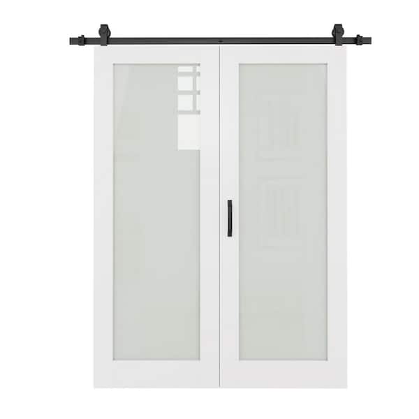 60 in. x 96 in. 1 Lite Tempered Frosted Glass White Primed MDF Bifold Sliding Barn Door with Hardware Kit
