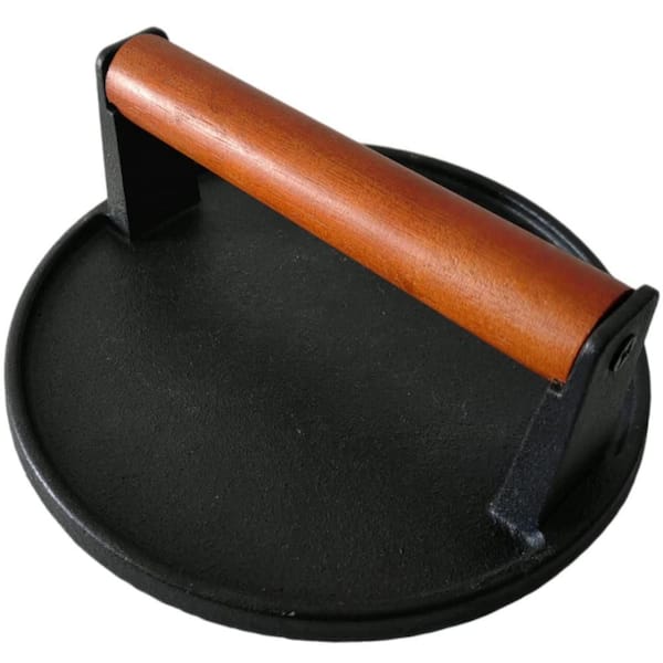 7.08 in. Round Cast Iron Burger Press with Wood Handle for Blackstone, Camp Chef, Pitboss, Weber Griddle Grills (1-Pack)