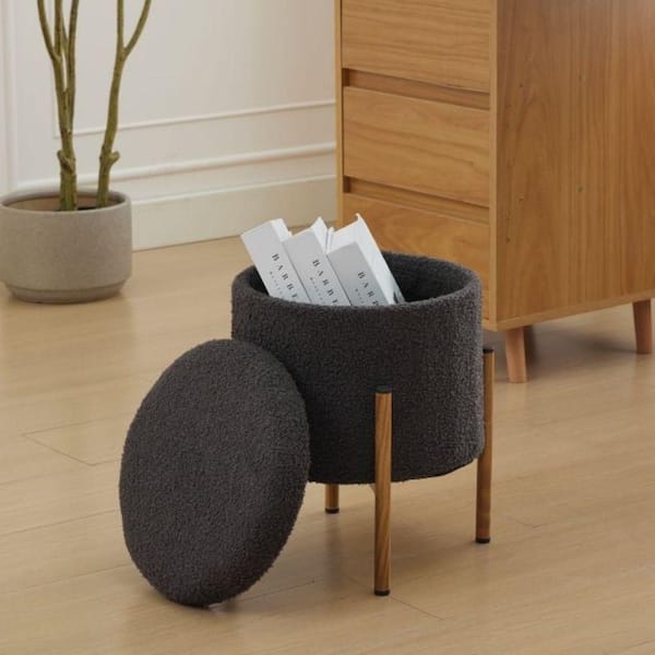 Modern Round Footstools with Metal Base Storage Ottoman with Removable Lid for Living Room, Bedroom, Gray