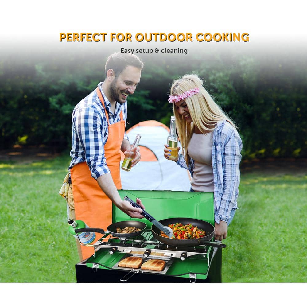 Green 3-Burner Portable Gas Camping Stove with Toast Tray