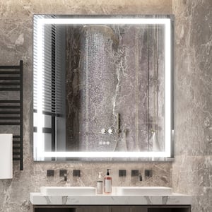 48 in. W x 48 in. H Large Rectangular Metal Framed Dimmable AntiFog Wall Mount LED Bathroom Vanity Mirror in Gun Ash