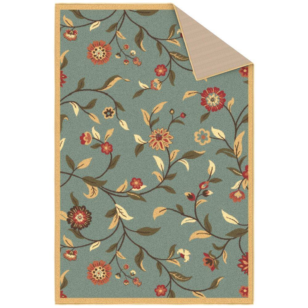 Seafoam Green Floral Non-Slip Washable Area Rug 3'3" x 5'