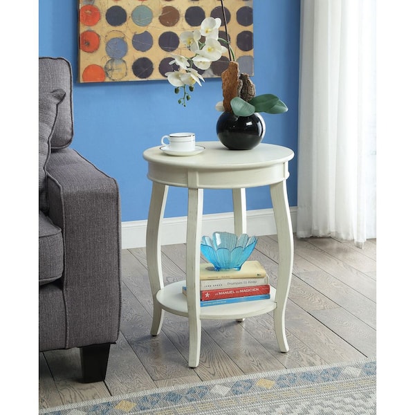 Jovrel Modern 18 in. Antique White Finish Accent Side Table Round MDF End Table with Shelf