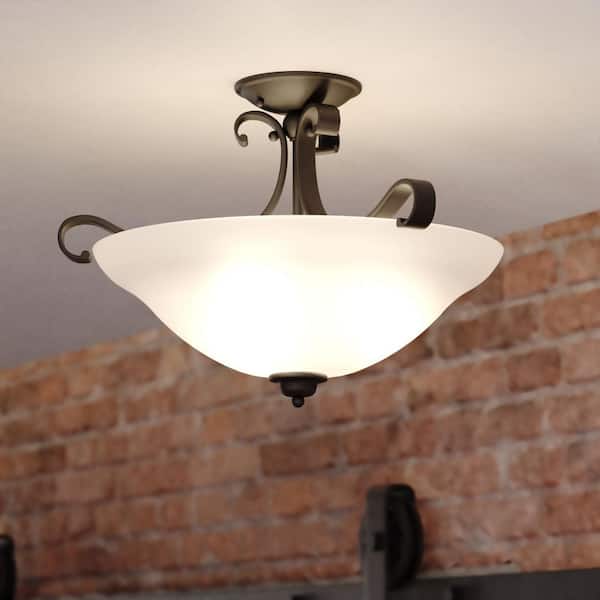 VAXCEL Monrovia 17-in W Bronze Bowl Semi Flush Mount Ceiling Light White Glass
