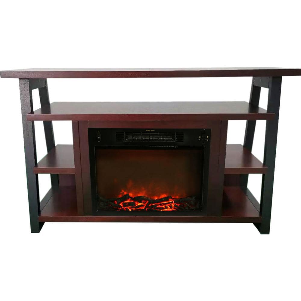 Hanover Industrial Chic 53.1 in. W Freestanding Electric Fireplace TV Stand in Mahogany with Charred Log Display, Brown