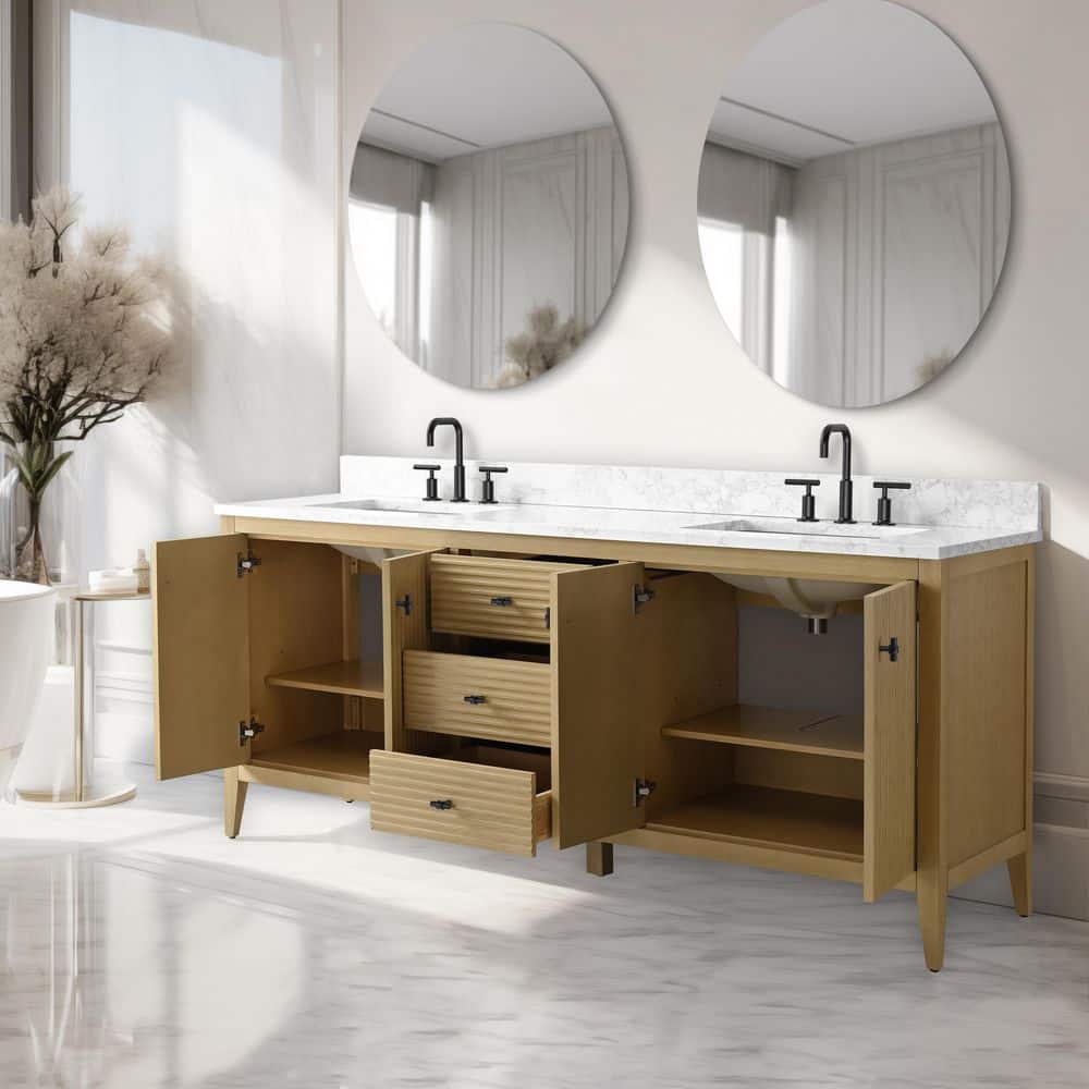 Linear Natural Oak 72" Double Sink Freestanding Bathroom Vanity with Marble Top