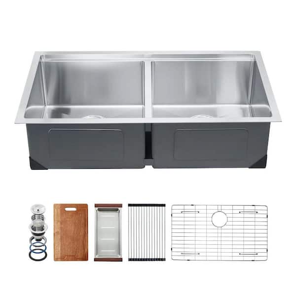 Undermount Sink 33 in. x 19 in. Double Bowl 11-Gauge Stainless Steel Kitchen Sink in Silver