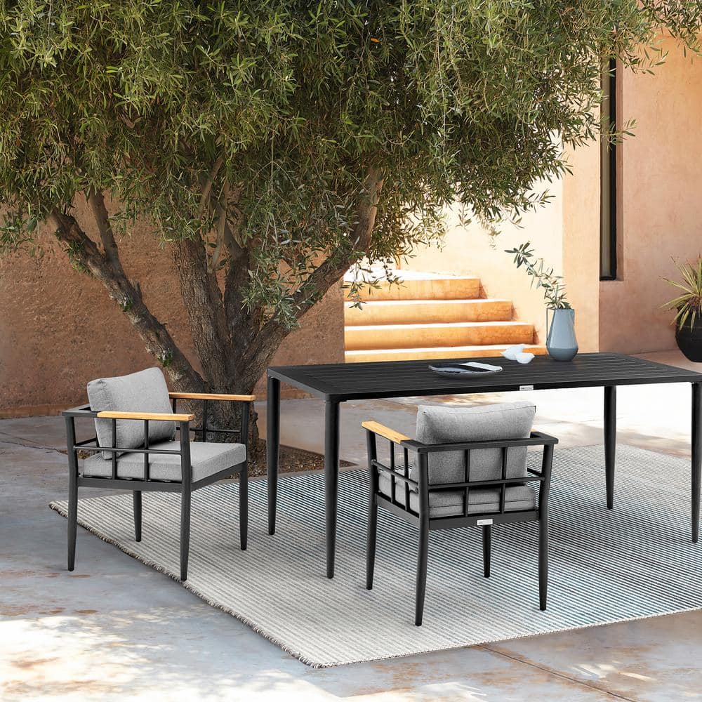 Ezra Stationary Aluminum and Teak Outdoor Dining Chair with Dark Gray Cushi