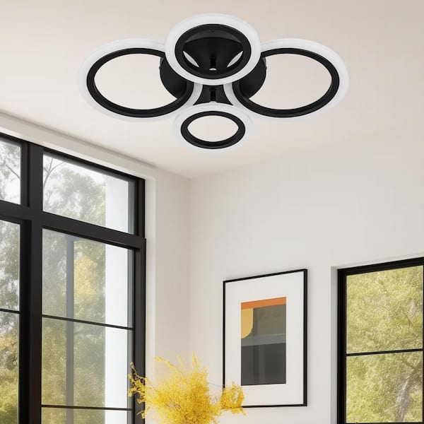 Briignite 22 in. Modern 4-Ring Black LED Flush Mount Ceiling Light - Warm White 4000K for Kitchen or Living Room
